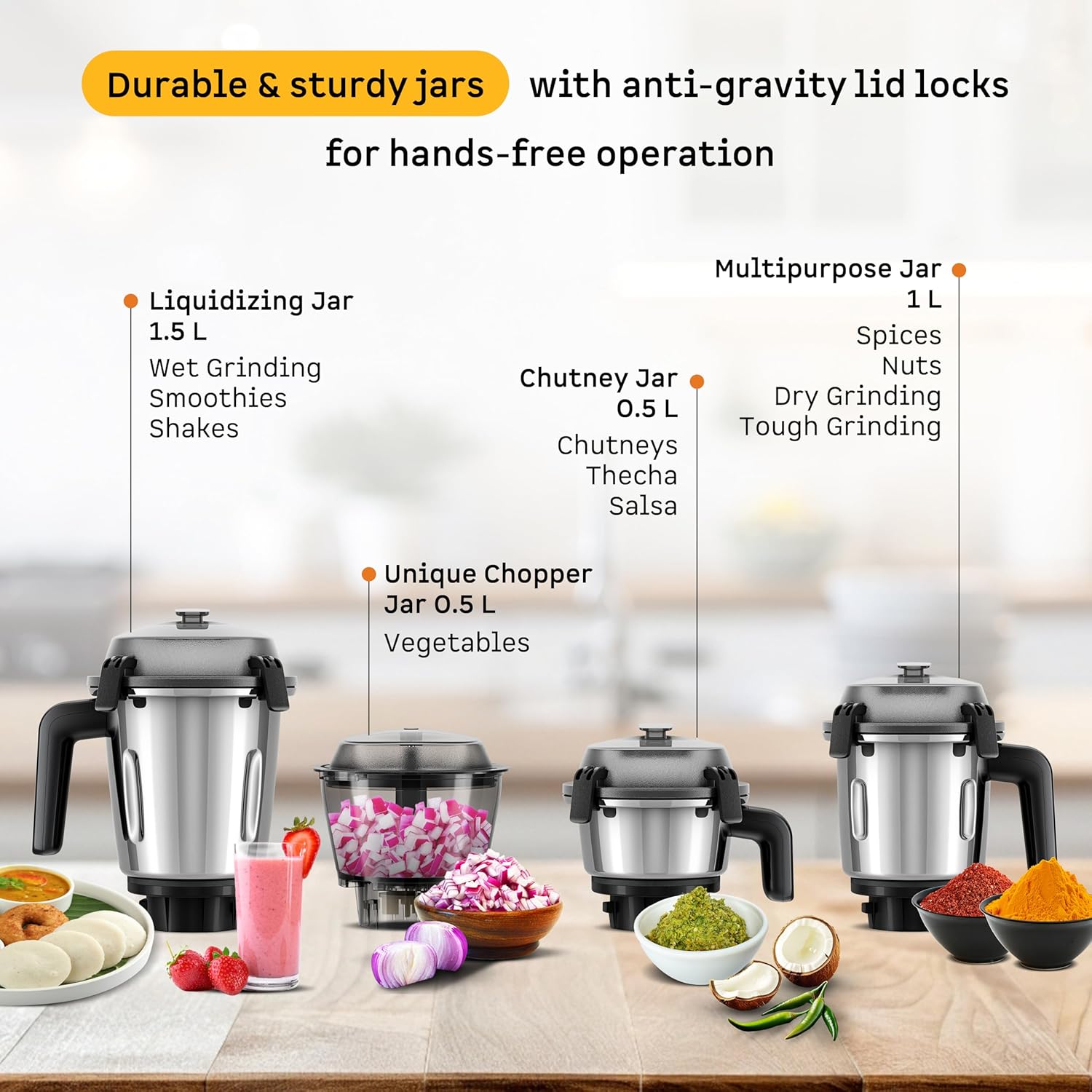 Atomberg Zenova Mixer Grinder | Unique Coarse Mode for Silbatta-like Texture | Intelligent BLDC Motor | Safety Features | 4 Jars including Chopper | Hands-Free Operation (Red Wine) - View 6